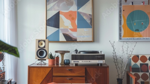 A well-appointed room featuring a vintage turntable, speaker, and modern artwork, blending retro and contemporary styles.