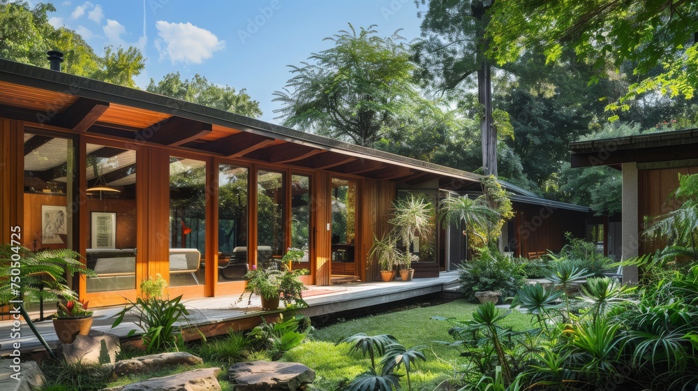 A wooden mid-century modern house seamlessly integrates with its lush natural surroundings, featuring large glass windows and a cozy outdoor deck.