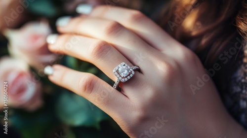 Close-up of beautiful diamond engagement ring on womans hand with copy space for text