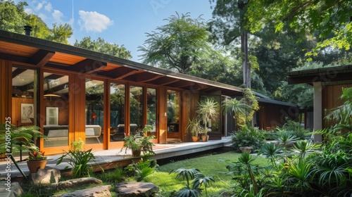 A wooden mid-century modern house seamlessly integrates with its lush natural surroundings, featuring large glass windows and a cozy outdoor deck.