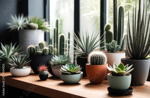 Chic collection of various cacti and succulents on a windowsill, basking in natural light