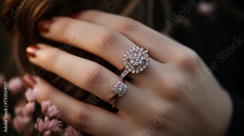 Close-up of elegant diamond engagement ring on womans hand, ideal for proposals and weddings