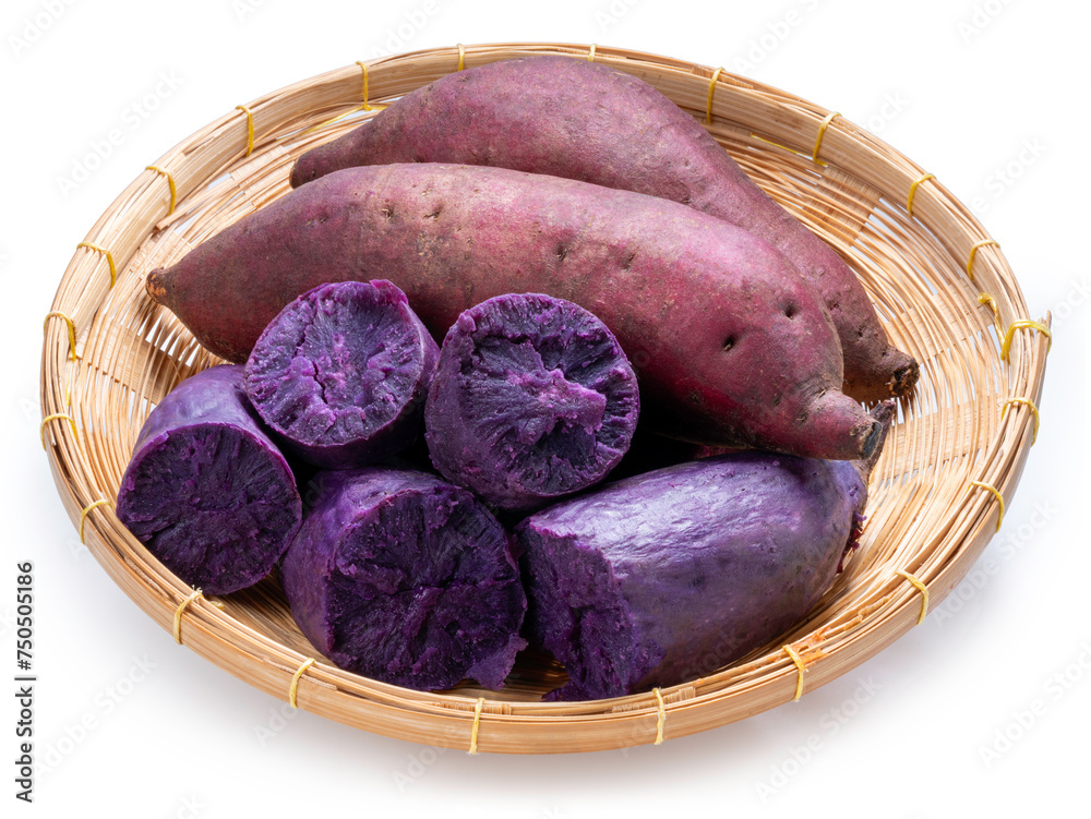 Φωτογραφία Purple potato in basket isolated on white background, Japanese Purple Sweet Potato on White Background