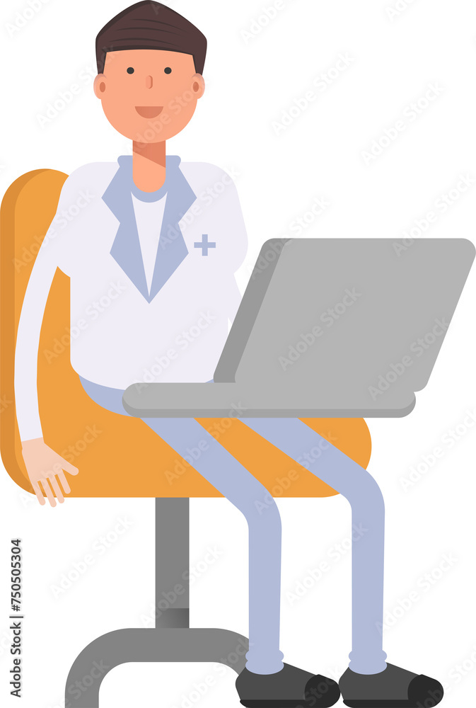 Physician Character Working on Laptop
