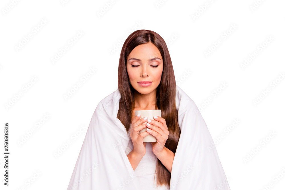 Autumn melancholy. Portrait of young smiling lady wrapped in blanket, drinking coffee. Isolated over pink pastel background Autumn melancholy. Portrait of young smiling lady wrapped in blanket, drinking coffee. Isolated over pink pastel background
