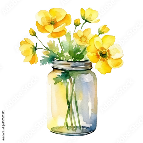 Watercolor artwork Illustration bouquet of yellow flowerss in vase