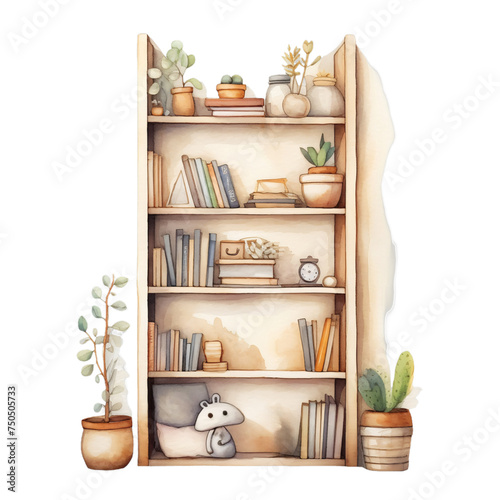 Watercolor artwork Illustration wooden shelf with books © Hanna