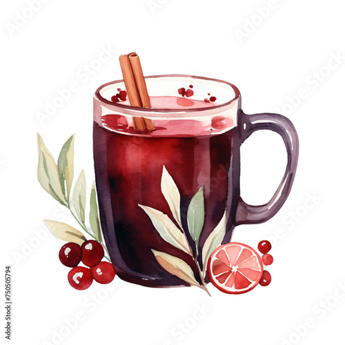 Watercolor artwork Illustration mulled wine with spices