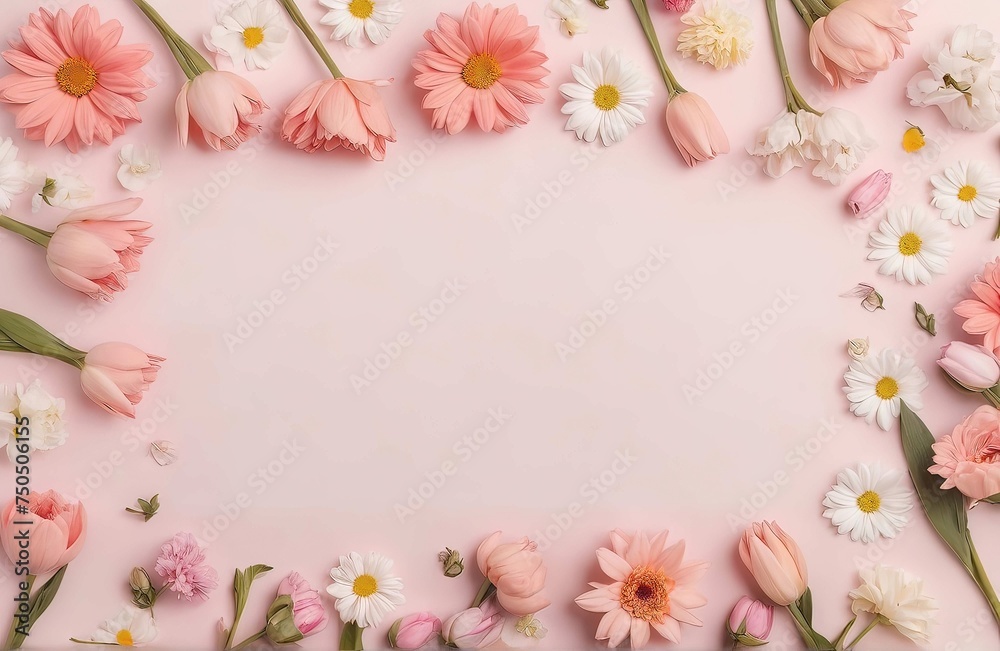 Greeting card with copyspace background for International Women Day, beautiful spring flowers on pastel table. Greeting card with copyspace background for International Women Day, beautiful spring flowers on pastel table.