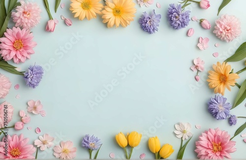 Greeting card with copyspace background for International Women Day  beautiful spring flowers on pastel table.
