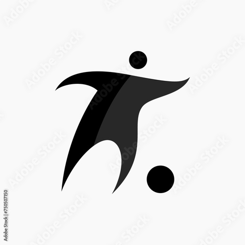 Vector icon of a running football player trying to hit the ball. An athlete plays football. Physically active sports. Flat icon, pictogram. Sports events and competitions.