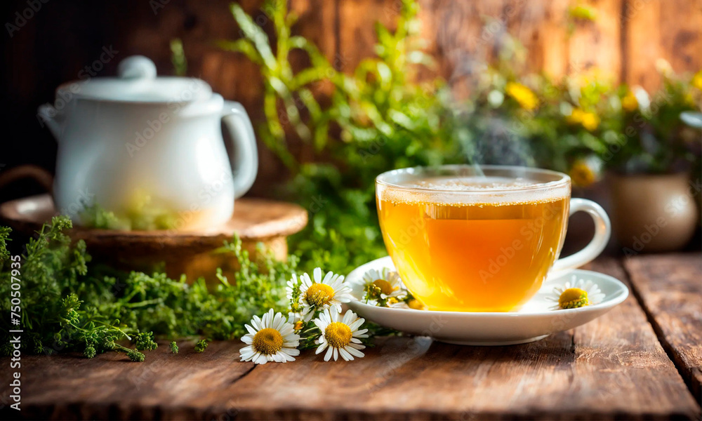 a cup of tea with chamomile. Selective focus. a cup of tea with chamomile. Selective focus.