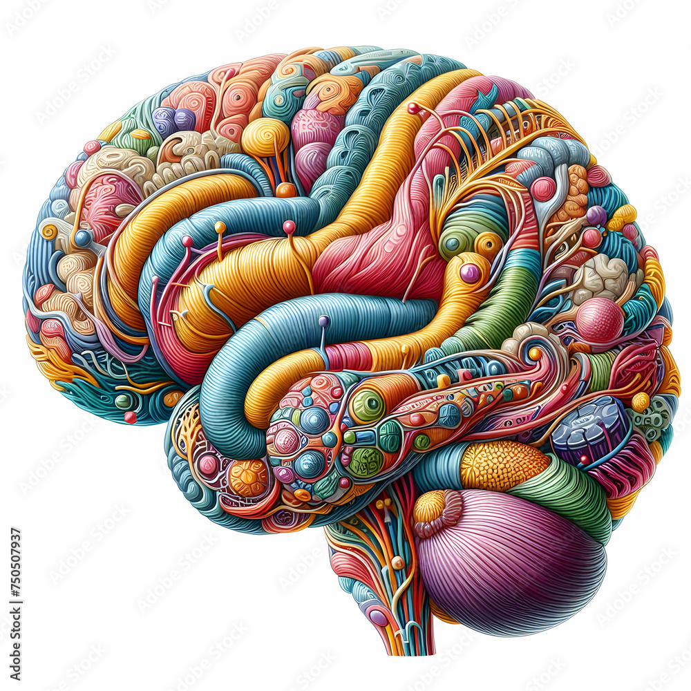 A colorful and detailed illustration of the human brain anatomy, showing the different regions and functions of the central organ of the nervous system, brain, anatomy, colourful, 