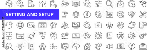 Settings and setup icon set with editable stroke. Setting and setup thin line icon collection. Vector illustration