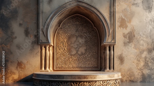 Sunlight bathes a tranquil corner featuring a Arabic arch with podium and elaborate arabesque patterns  reflecting the artistry of Islamic design.