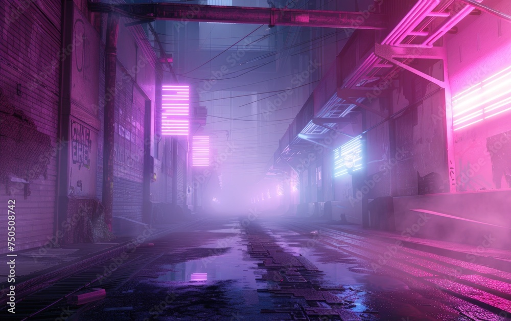 3d illustration dark cyberpunk city with smoke vibrant purple neon light. AI generated image