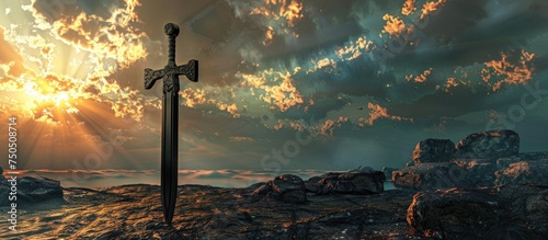 Close up an ancient sword stuck in a rock on dramatic scene landscape background. AI generated