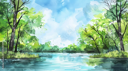 Panoramic landscape of summer green trees and river. B