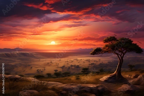 Safari Sunset  A stunning sunset over a savannah landscape  capturing the beauty and tranquility of the African wilderness.  