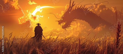 The silhouette of a samurai warrior in fighting with dragon on sunset golden view. AI generated
