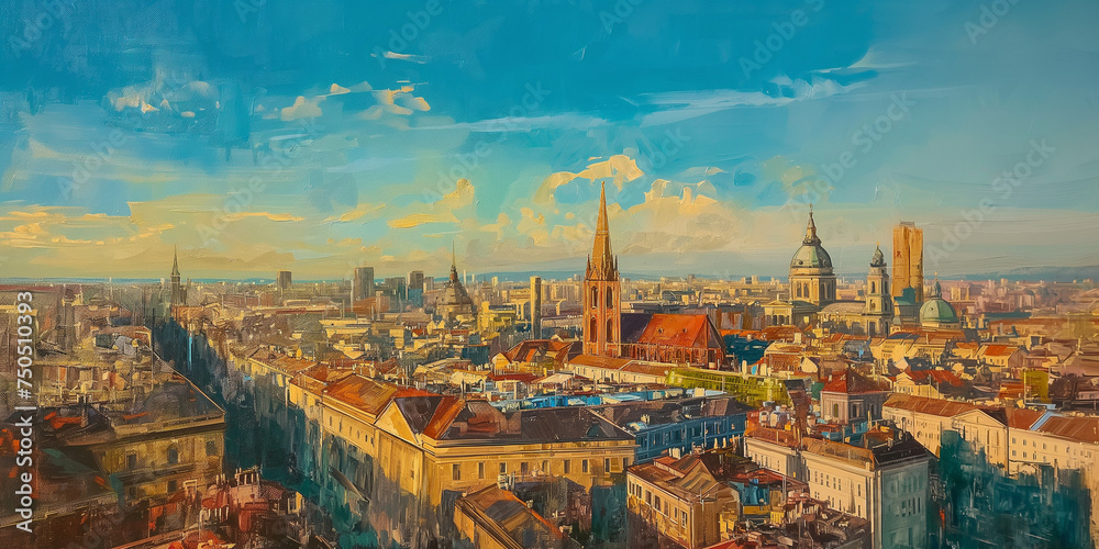 an oil painting of the vienna skyline, in the style of impressionistic venice scenes. Generative ai.