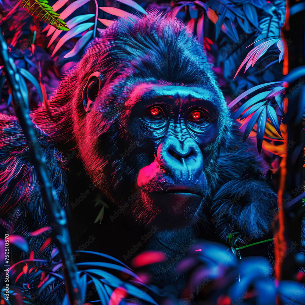 Neon Gorilla.  Generated Image.  A digital rendering of a large male gorilla in a rainforest with stylized neon lighting.