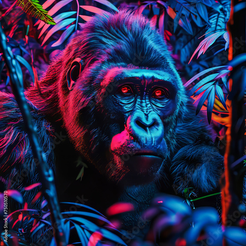 Neon Gorilla. Generated Image. A digital rendering of a large male gorilla in a rainforest with stylized neon lighting.
