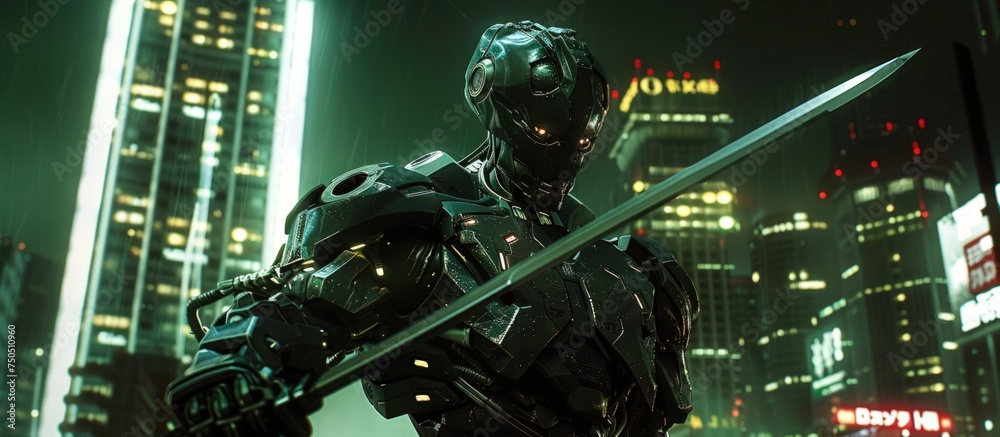 Modern futuristic robot with sword in a cyberpunk city night. AI generated image Modern futuristic robot with sword in a cyberpunk city night. AI generated image