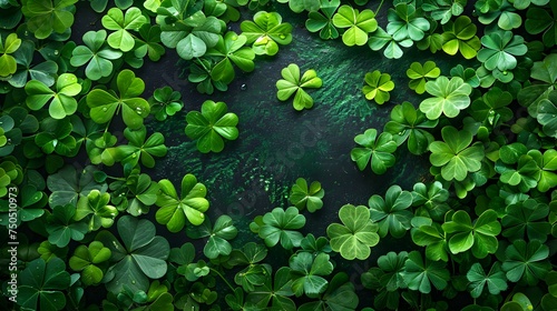 St Patricks Day greeting card background with isolated fourleaf clover pattern. Concept St, Patrick's Day, Greeting Card, Background, Fourleaf Clover, Isolated Pattern photo
