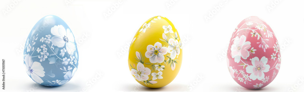 Tree pastel eggs with hand drawn floral design, isolated on white background. Spring vibes, soft pastel hues. Tree pastel eggs with hand drawn floral design, isolated on white background. Spring vibes, soft pastel hues.