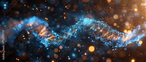 An abstract, blue, and dark digital background. A concept of future information technology. A digital code, a communication of data, and information transfer from DNA to DNA.