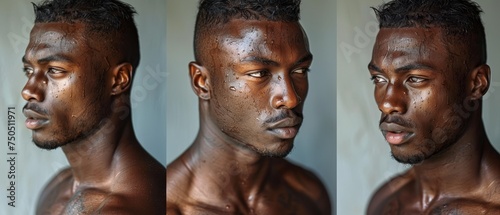 The portrait of a handsome and muscular athlete has been divided into multiple images photo