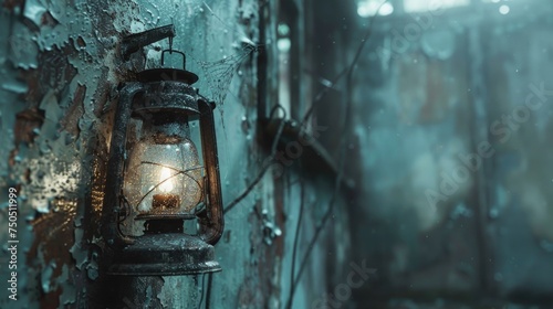 A close-up of an old, flickering lantern hanging in a foggy, abandoned building, with peeling paint and cobwebs, setting the scene for ghostly encounters and paranormal investigations photo
