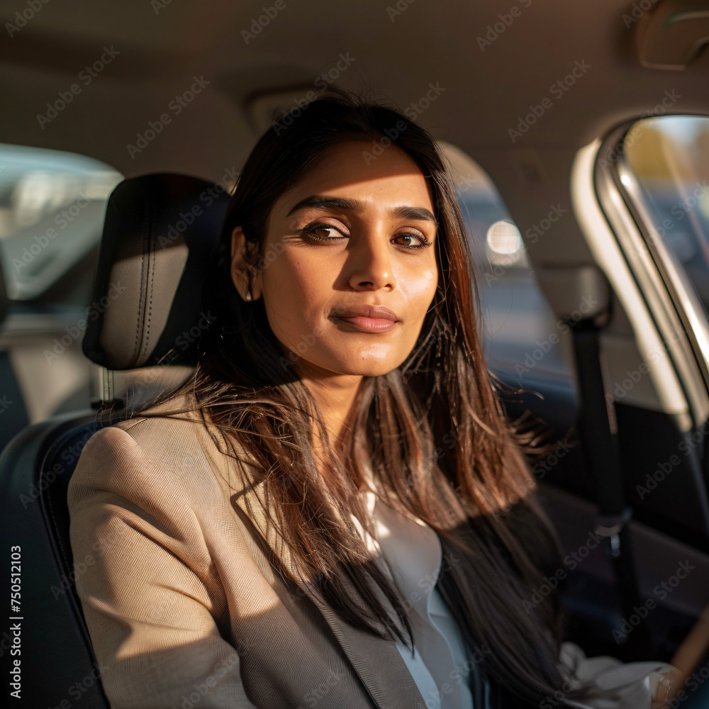 Indian business women , beautiful Indian women 30 years old inside car, wearing suit, daylight, wide angle view Indian business women , beautiful Indian women 30 years old inside car, wearing suit, daylight, wide angle view