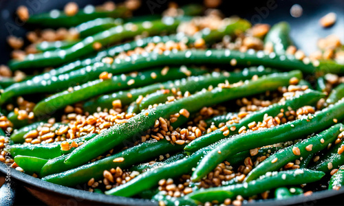 green beans with sesame seeds in a frying pan. Selective focus.