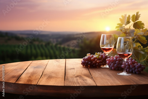 Glasses with wine, grapes on a wooden tabletop against the background of a vineyard. Empty wooden table for product demonstration and presentation. Copy space. Mock up