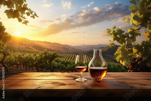 Glasses decanter with wine on a wooden tabletop against the backdrop of a vineyard
