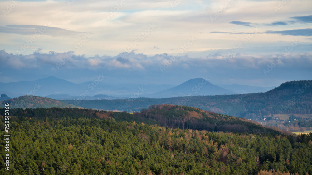 View from the Pfaffenstein. Forests, mountains, vastness, panorama. Landscape