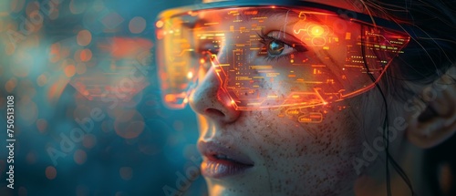 Portrait of a woman with digital icons projected around her face in virtual reality