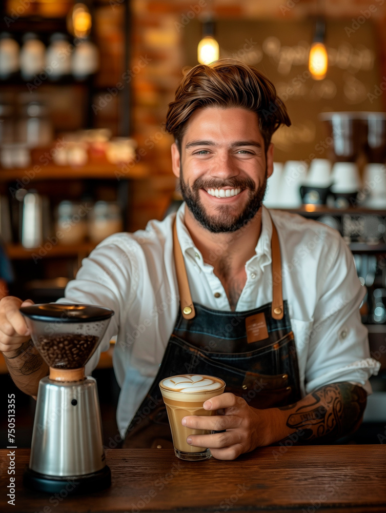 young barista is smiling and brewing coffee 