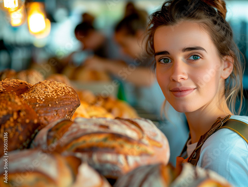 A smiling woman standing on a counter in a bakery
