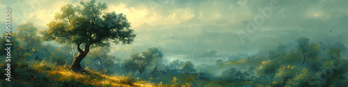 panoramic digital illustration of an enchanted sunrise over misty forest landscape