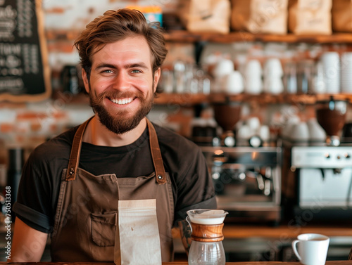 young barista is smiling and brewing coffee  photo