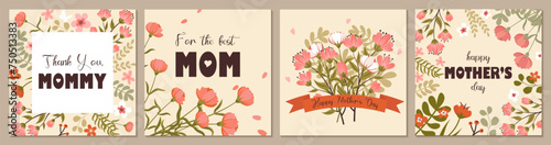 Mother's day editable templates for greeting cards, posters, invitations, social media. Vector illustration in hand drawn flat style with flowers, greenery in pastel colors and trendy typography.