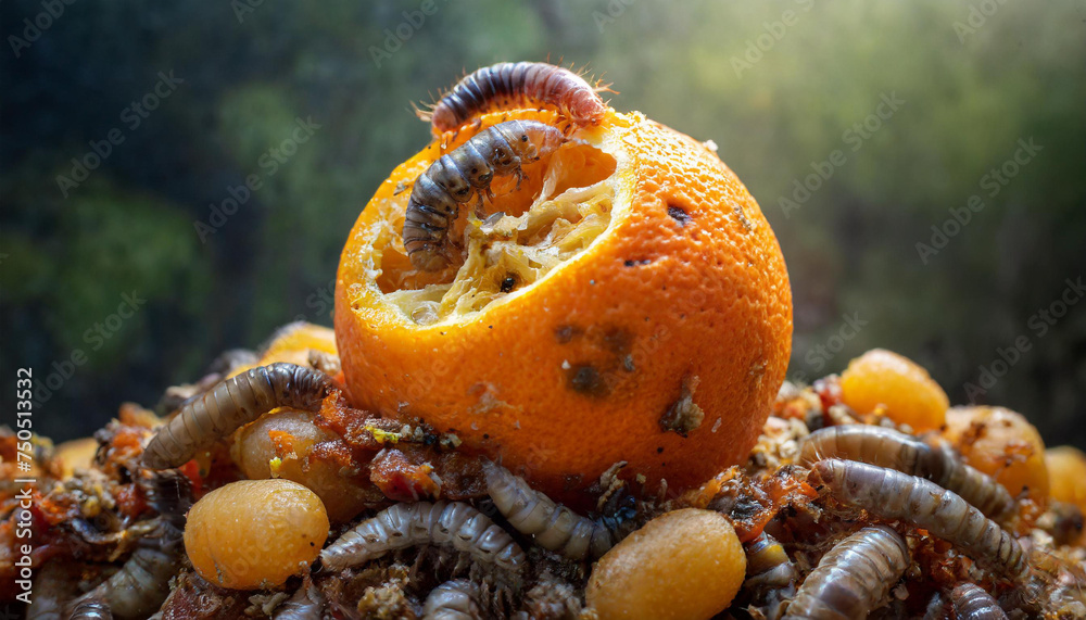 Worms feasting on a half-eaten rotting orange, showcasing nature's decomposition process in a vibrant close-up. Worms feasting on a half-eaten rotting orange, showcasing nature's decomposition process in a vibrant close-up.