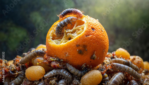 Worms feasting on a half-eaten rotting orange, showcasing nature's decomposition process in a vibrant close-up.