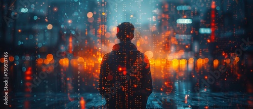 Double exposure, programmer, software developer working on digital tablet and smart city with binary, html computer code on screen.