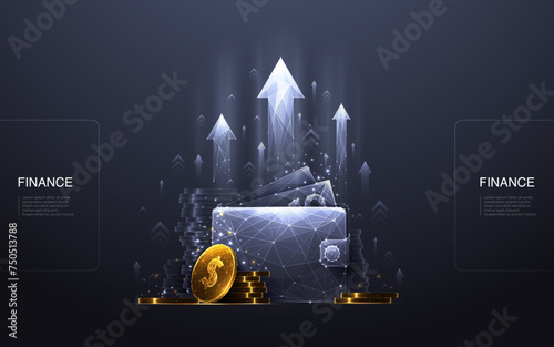 Revenue Increase. Digital wallet with a golden dollar coin and abstract growth arrows on a technology dark background. Save money. Business, finance concept. Polygonal wireframe vector illustration.