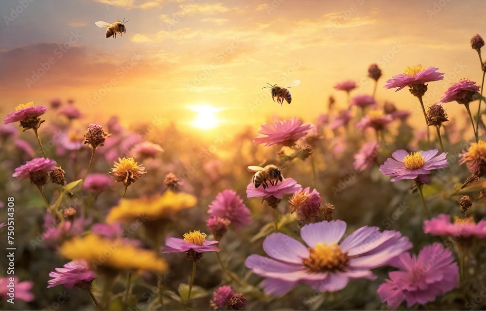Group of bee is flaying at the flowers garden with beautiful sunset view in the summer season