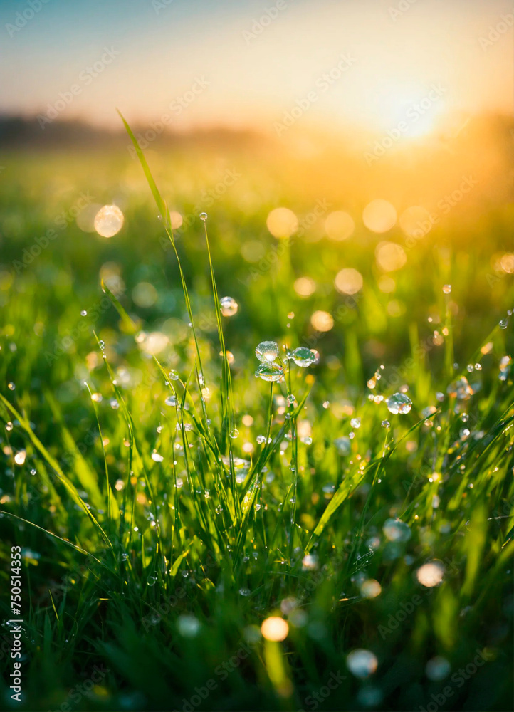 dew on the grass rays of the sun. Selective focus.